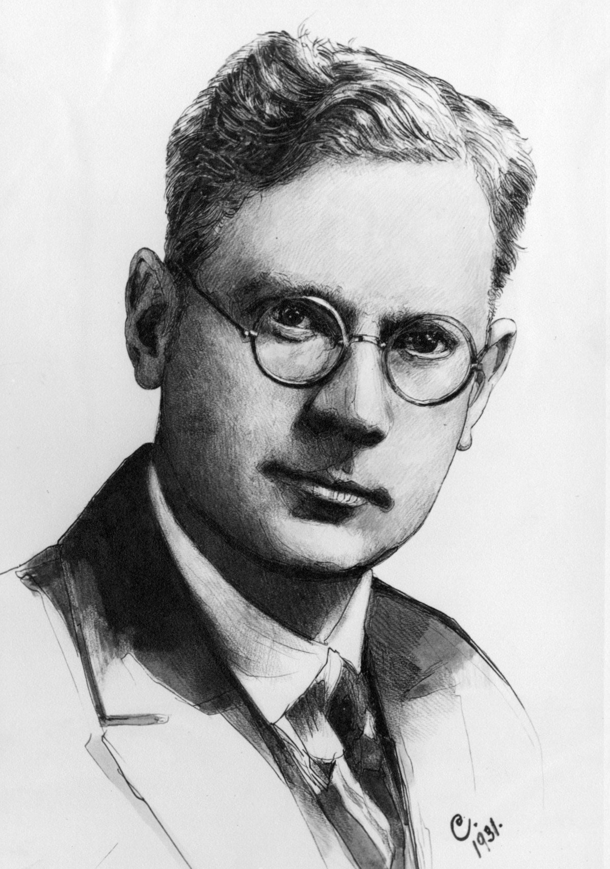 Pen-and-ink portrait of a man with round glasses, jacket and tie.